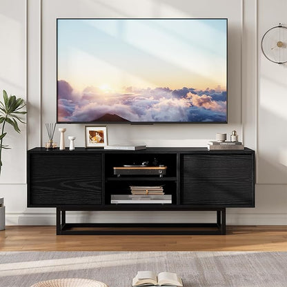 HAIOOU TV Stand for 50 55 Inch TV, Modern TV Console Small Entertainment Center with Sturdy Metal Base, Push-to-Open Doors and Soft-Close Hinges for Living Room, Bedroom - Wood Grain Black