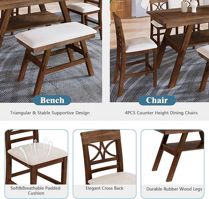 Merax 6 Piece Wood Counter Height Dining Table Set with Storage Shelf, Beige Cushion, Kitchen Table Set with Bench and 4 Chairs, Rustic Style, Walnut