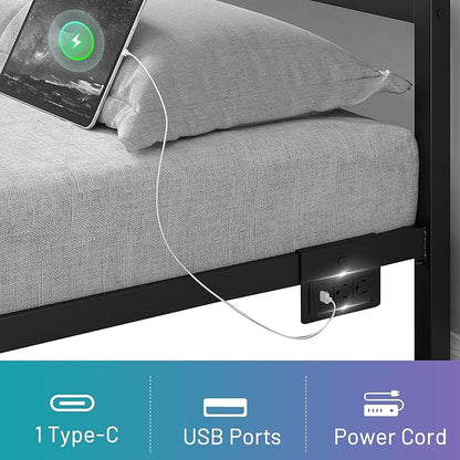 Twin Bed Frame with Headboard,Heavy Duty Steel Slats Support-LED Bed Frame with USB Charging Station,Mattress Foundation-Under Bed Storage,No Box Spring Needed,Noise Free，Black