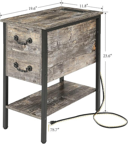 VECELO End Tables,Narrow Nightstands with Charging Station & USB Ports &Drawers,Night Stand for Living Room, Bedroom,Misty Gray