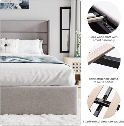 SHA CERLIN Full Size Lift Up Storage Bed/Modern Wingback Headboard/Upholstered Platform Bed Frame/Hydraulic Storage/No Box Spring Needed/Wood Slats Support/Light Beige