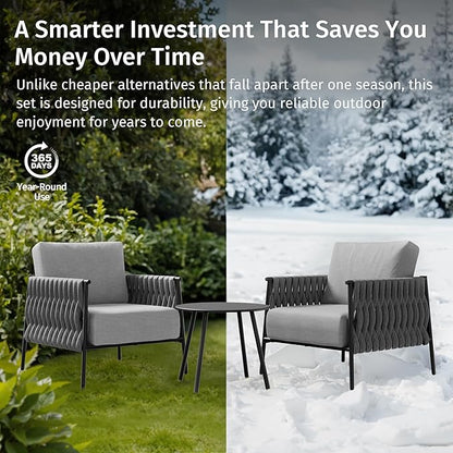 EAST OAK 3-Piece Patio Furniture Set | Armchairs & Coffee Table | Outdoor Furniture with Cushions | Deep Seating Modern Conversation Set | Garden, Porch, Balcony & Backyard | Misty Grey