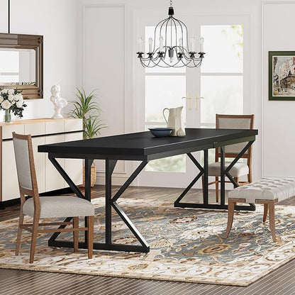 Tribesigns Farmhouse Dining Table for 6 People, 70.8-Inch Rectangular Wood Dining Table, Rustic Kitchen Table with Heavy Duty Metal Legs for Dining Room (Matte Black, 70.8-Inch)