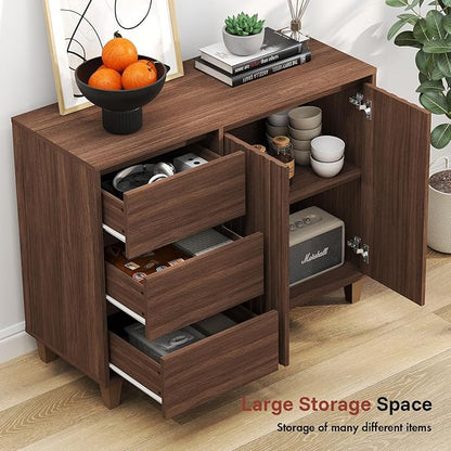 Redkey Fluted Sideboard Cabinet - Mid Century Modern Sideboard Buffet Cabinet with 3 Drawers - Buffet Table with Handle-Less Design for Kitchen Bedroom Dining/Living Room - Walnut