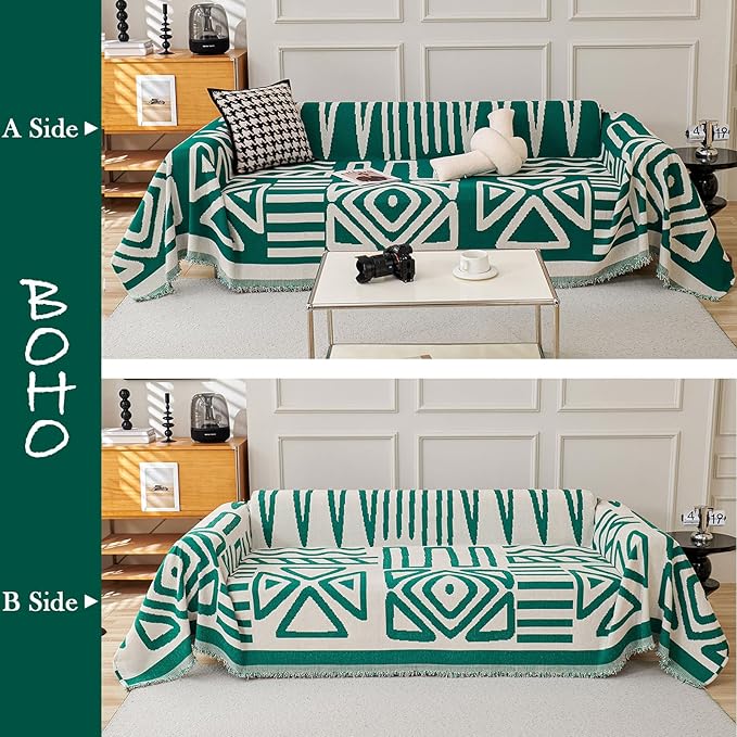 HANDONTIME Couch Cover Boho Sofa Covers Washable Forest Green Dog Covers for Couches Reversible Couch Blanket Cover Geometric L Shaped Couch Covers for 2 3 Couch Cushion Cover Dark Green, 91" X134"