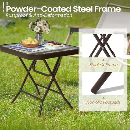 Foldable Outdoor Side Table with Tempered Glass Top Square 18" Folding Patio Side Table Small Glass End Tables for Patio Porch Yard Balcony Deck Lawn Dining Garden (Brown)