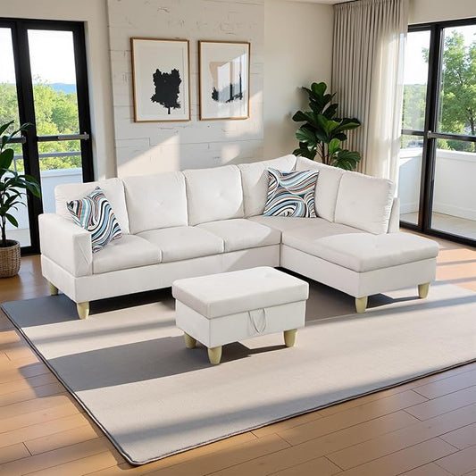 97" Oversized Sectional Couch, L Shaped Couch with Storage Ottoman, Modern Modular Sofa with Deep Seat, Sectional Couches for Living Room and Office, White (Flannel)