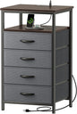 Huuger Night Stand with Charging Station, 4 Drawer Dresser for Bedroom, Bedside Table, 33.9 Inch Tall Nightstand with Open Shelf, End Table, for Closet, Entryway, Bedroom, Walnut