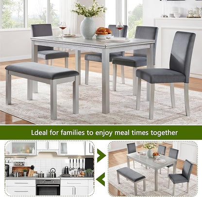 KEIKI 6-Piece Standard Height Dining Table Set with Rectangular Table, 4 Upholstered Chair, Bench, for 6 Person, Crystal Decoration Table Set, Easy Assembly, for Kitchen, Dining Room, Silver Grey