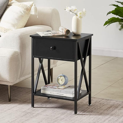 VECELO Nightstands Set of 2, Modern Bedside End Tables, Night Stands with Drawer and Storage Shelf for Living Room Bedroom, Industrial Metal Frame
