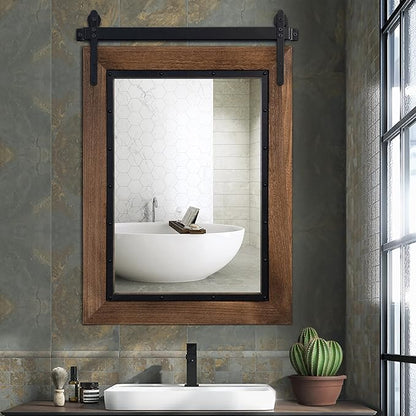 YOSHOOT Farmhouse Barn Door Mirror, 32"x24" Rustic Bathroom Mirror, Wood Frame Wall Mirror, Wooden Mirror for Living Room Bedroom Entryway Wall Décor, Vertical Hanging ONLY