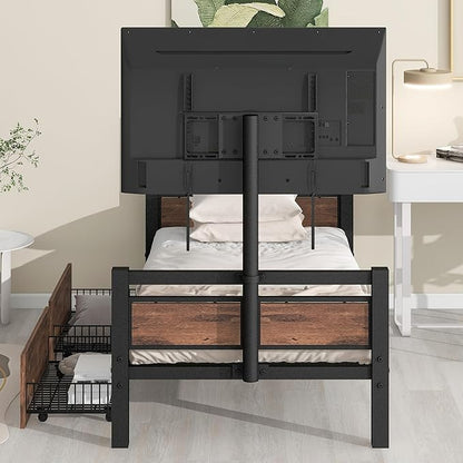 Twin Size Metal Platform Bed with MDF Headboard and Footboard,Two Storage Drawers and Rotatable TV Stand,Industrial Modern Bunk-Bed,No Box Spring Needed,for Juniors&Adults,Black