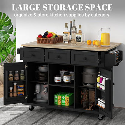 Rovibek Kitchen Island with Drawers 53 in Rolling Island Cart Mobile Solid Wood Portable Islands on Wheels with Storage Cabinet & Drawers, Black
