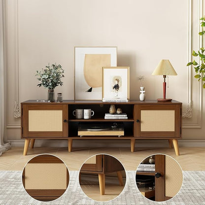 TV Stand for TVs up to 65 inches, Rattan Grain Finish Panel with 2 Storage cabinets, Modern Minimalist Style, Living Room, Audio-Visual Room for Multiple Rooms,3 Colors Available (Walnut)
