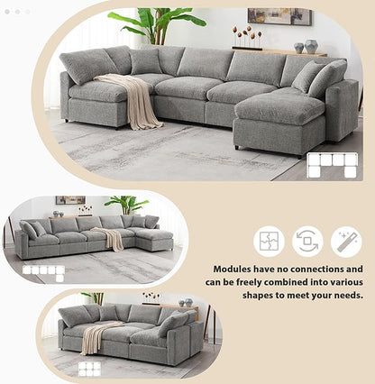 130" Chenille Modular Sofa,Modern 6 Seat Free Combination Cloud Couch Bed Set,Convertible U Shaped Sleeper Couched,with Ottoman,for Living Room, Apartment,Sleeping Room,Gray