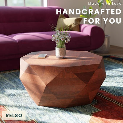 Relso Solid Wood Geometric Faceted Coffee Tables Living Room, Crafted for Versatile Use | Drum Round Shaped | for Living Rooms | Wooden Drum Coffee Table Octavian Table