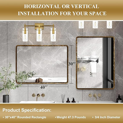 ANDY STAR Hand-Forged Gold Bathroom Mirrors for Wall, 30x40 Inch Vintage Solid Steel Metal Frame Bathroom Vanity Mirror, Antique Rounded Rectangle Wall Mirror, Hangs Horizontally or Vertically