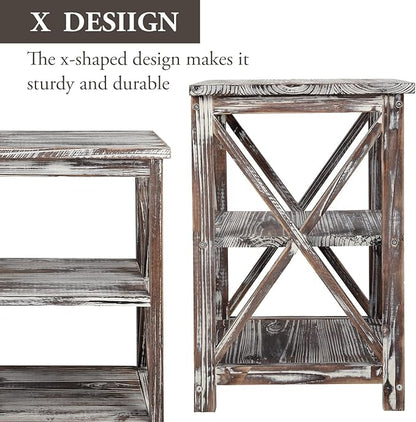MyGift 24 Inch Tall End Table, Rustic Torched Solid Wood Living Room Accent Side Table with 3 Tier Display Shelf, Wooden X Design Bedroom Nightstand Square Storage Shelves