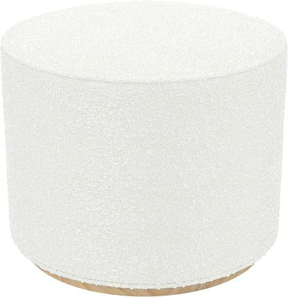 Bouclé Ottoman with Wooden Base – 22” Round Upholstered Footrest, Cream Textural Fabric, Modern Accent Stool for Living Room & Bedroom