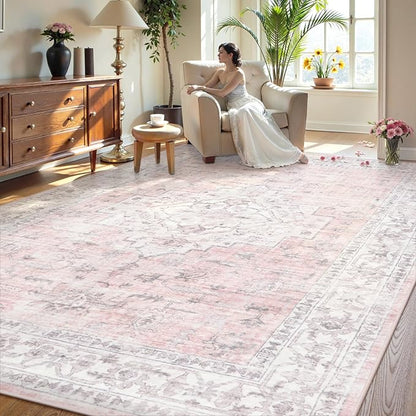LIVEBOX Pink 10x14 Area Rug for Bedroom Girls, Boho Washable Rugs for Living Room Nursery, Non-Slip Indoor Soft Carpet Low-Pile Farmhouse Carpets for Dining Room Kids Playroom, Pink