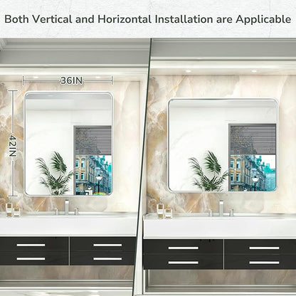 TokeShimi 42x36 Inch Brushed Silver Bathroom Mirror for Wall Brushed Brass Metal Rounded Corner Rectangle Mirror Metal Frame Deep Set Design Hangs Horizontal Or Vertical