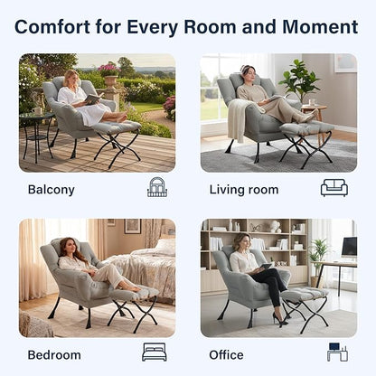 Lazy Chair with Ottoman, Modern Accent Chair Contemporary Lounge Leisure Sofa Chair with Armrests, Reading Chair and Folding Footstool Set for Living Room, Bedroom, Office, White Grey