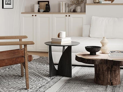 Round Side Table,Modern Aesthetic End Table with Oak Veneer,Wood Accent Table for Living Room, Bedroom (A, Black)