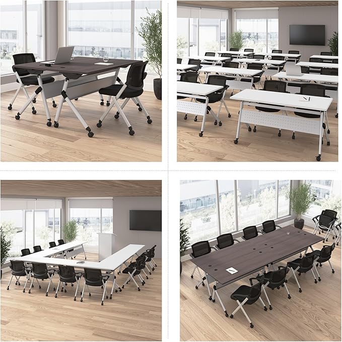 Bush Business Furniture Folding Training Table Set for 2, 60 inch Desk with Powered Grommets and 2 Chairs with Arms, Commercial-Grade Bundle for Office or Classroom, Envision Collection, White