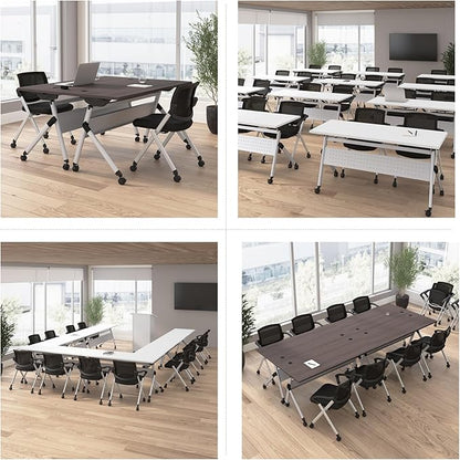 Bush Business Furniture Folding Training Table Set for 2, 60 inch Desk with Powered Grommets and 2 Chairs with Arms, Commercial-Grade Bundle for Office or Classroom, Envision Collection, White