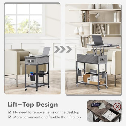 Colima Lift Top End Table with Charging Station and Wheels, Sofa Side Table with USB Port & AC Outlets, Movable Bedside Nightstand with Side Bag for Office Living Room Bedroom(Gray)