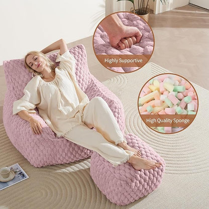 Bean Bag Chair with Ottoman - Modern Comfy Beanbag Sofa with Footrest, Soft Faux Fur Lounger Chair for Adults Teens, Cozy Memory Foam Filled Gaming Reading Chairs for Bedroom, Living Room (Dusty Pink)