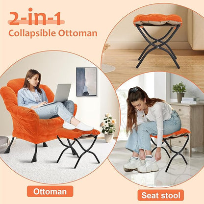 Fabric Lazy Chair with Ottoman, Oversized Upholstered Sofa Chair for Adults, Plush Comfy Lounge Chair with Large Side Storage Pocket, Reading Chair for Living Room, Bedroom, Office, Orange