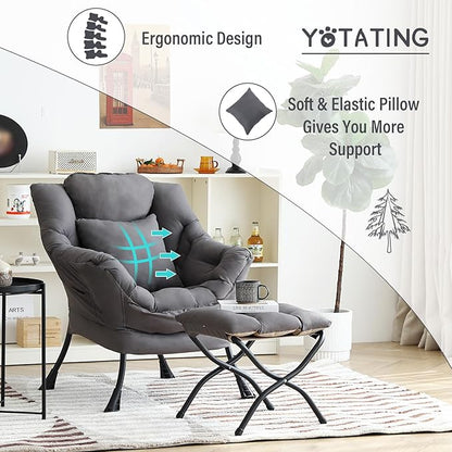 Lazy Chair with Ottoman, Comfy Reading Lounge Chair with Footstool & Throw Pillow Modern with Armrests & Side Pocket for Living Room, Bedroom, Dorm Room, Dark Grey
