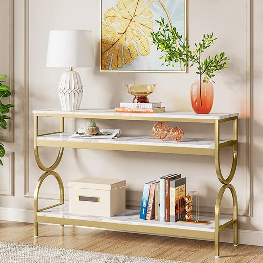 Tribesigns 3-Tier Console Table, 55 inch Sofa Table with Open Storage Shelves, Narrow Long Hallway/Entryway Table with Faux Marble Top for Home Living Room Entryway, White & Gold