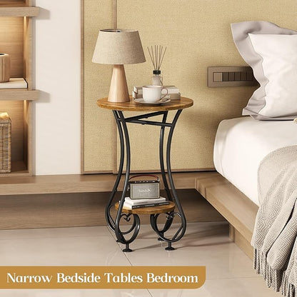 Side Table,Small Round End Table with Lower Shelf for Small Spaces,Round Bedside Nightstand Table with Metal Frame,Couch Sofa Coffee Tea Table,Retro Accent Drink Table for Living Room Bedroom Balcony