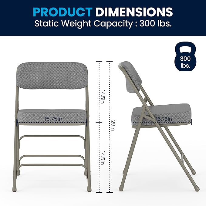 Flash Furniture Hercules Series Metal Folding Chairs with Cushioned Seats, Fabric Upholstered Event Chairs, Set of 2, Gray