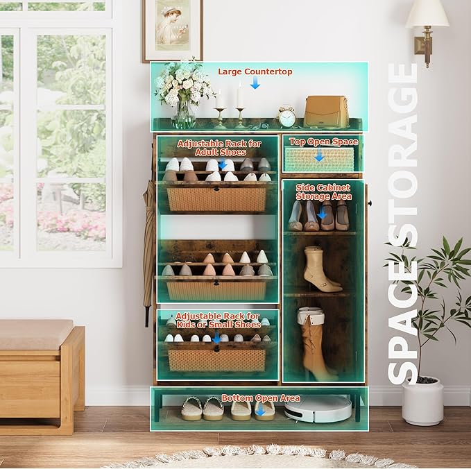 GarveeHome Shoe Cabinet Rattan with 3 Flip Drawers and 4-Tier Shoe Storage Cabinet, Freestanding Shoe Organizer with Adjustable Shelves for Entryway, Closet, Hallway (Brown)
