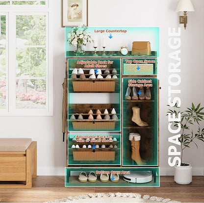GarveeHome Shoe Cabinet Rattan with 3 Flip Drawers and 4-Tier Shoe Storage Cabinet, Freestanding Shoe Organizer with Adjustable Shelves for Entryway, Closet, Hallway (Brown)