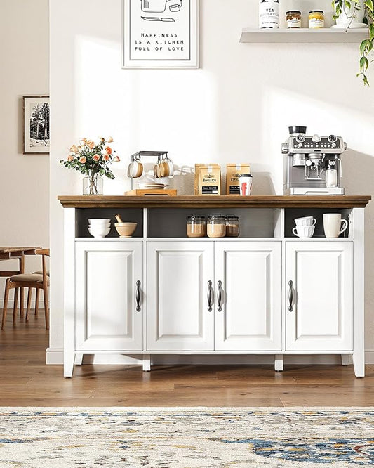 Marsail Sideboard Buffet Cabinet with Storage, 55" Farmhouse Kitchen Buffet Bar Table 4 Door Storage Cabinets for Dining Room Furniture, Brown & White