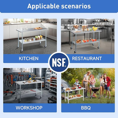 Stainless Steel Table for Prep & Work with Caster & Backsplash 24x48 Inches, NSF Metal Commercial Kitchen Heavy Duty Table with Adjustable Under Shelf and Table Foot for Restaurant, Home and Hotel