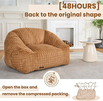 Bean Bag Chairs for Adults, Giant Beanbag Sofa Comfy Reading Chair, Oversized Bean Bag Chairs for Living Room Bedroom, Soft Faux Fur Fabric, 3.2FT, Khaki, Checkered