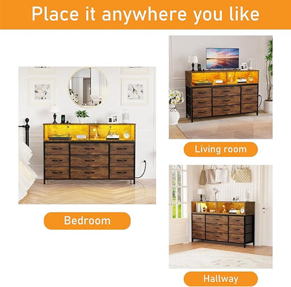 Dresser for Bedroom, Led Dresser TV Stand with Power Outlets and LED Lights, Long Fabric Dressers Wide Chest of Drawers with Large Organizer for Living Room, Entryway, Hallway,Rustic Brown