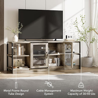 GarveeHome Farmhouse TV Stand for 65/75 Inch TVs, Entertainment Center with Storage Cabinet, 63'' Rustic TV Media Console Table, Furniture for Living Room, Grey