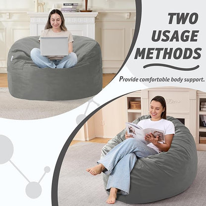 3FT Bean Bag Chair with Ultra Soft Velvet Cover Bean Bag Sofa with Memory Foam Bean Bag Chairs with Large Size Lazy Sofa for Dorm Office Living Room Bedroom Silver Grey 3'