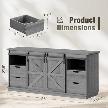 YESHOMY TV Stand for Televisions up to 65 Inchs, with Sliding Barn Doors and 4 Storage Drawers, Console Table and Media Furniture for Living Room, 58 Inch, Gray