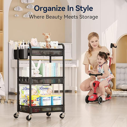YASONIC 3 Tier Rolling Cart – Metal Utility Storage Cart with Wheels, Craft Cart Organizer with Hanging Cups, Hooks, Mesh Basket for Bedside Kitchen Office Art, Black
