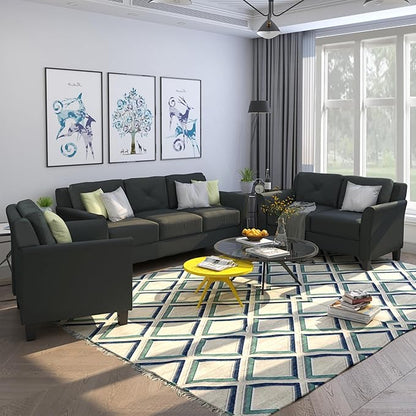 3 Pieses Modern Living Room Sofa Sets Polyester Blend Button Tufted Sofa&Couch Include 3Seaters Couch, Loveseat and Armchair with Ergonomically Curved Armrests for Home Apartment Office
