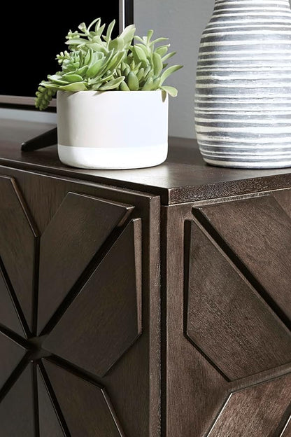 Signature Design by Ashley Chasinfield Urban Geometric Design TV Stand Fits TVs up to 70", 4 Cabinet Doors and 3 Adjustable Storage Shelves, Dark Brown