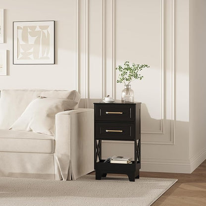 Tall Nightstand Set of 2 Side Table with 2 Drawers Modern Night Stand Wooden End Table Bedside Table with Below Open Shelf Solid Feet for Bedroom, Living Room, Black