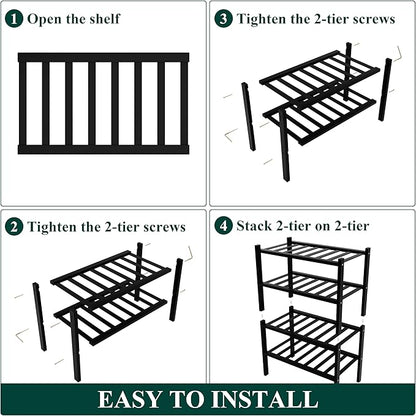 Smiry Shoe Rack, 4 Tier Small Bamboo Shoe Organizer, Stackable Free Standing Wooden Shoe Storage Shelf for Closet, Entryway, Front Door Entrance, Black